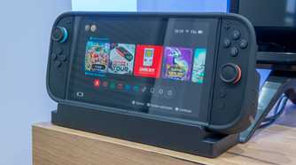 A Nintendo Switch 2 standing up with the Dbrand Killswitch case installed