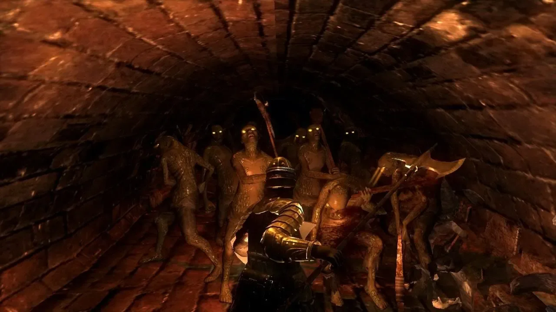 A horde of creature looking at the player in Demon's Souls