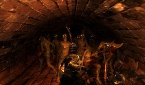 A horde of creature looking at the player in Demon's Souls