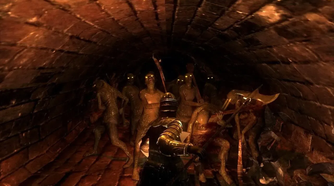 A horde of creature looking at the player in Demon's Souls