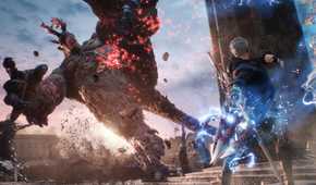 Nero fighting a giant demon in Devil May Cry 5 (2019).