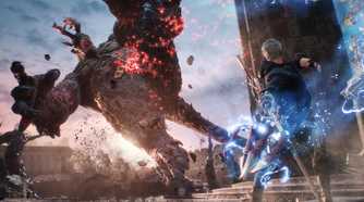 Nero fighting a giant demon in Devil May Cry 5 (2019).