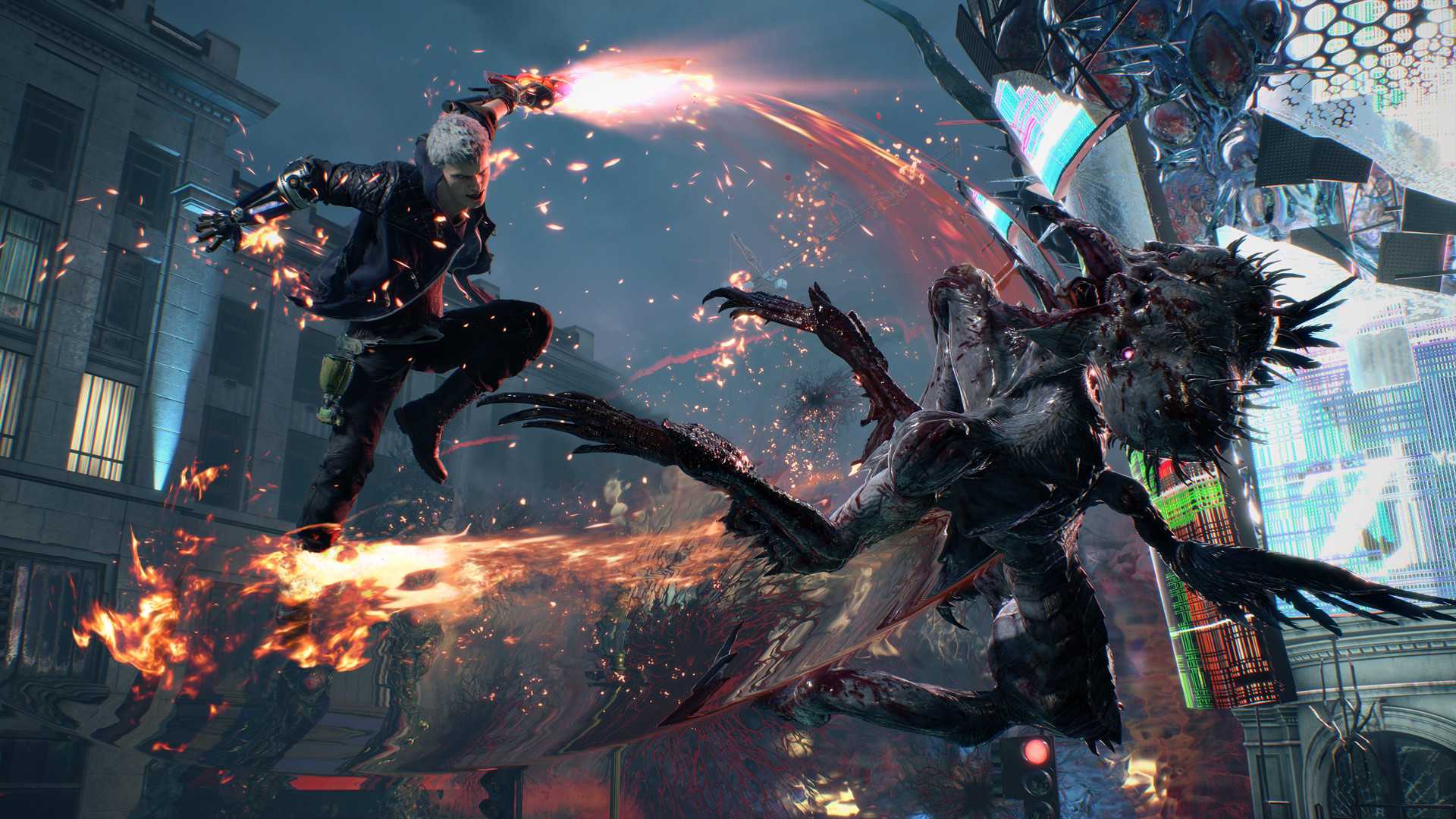 Nero in mid-air combat in Devil May Cry 5 (2019).