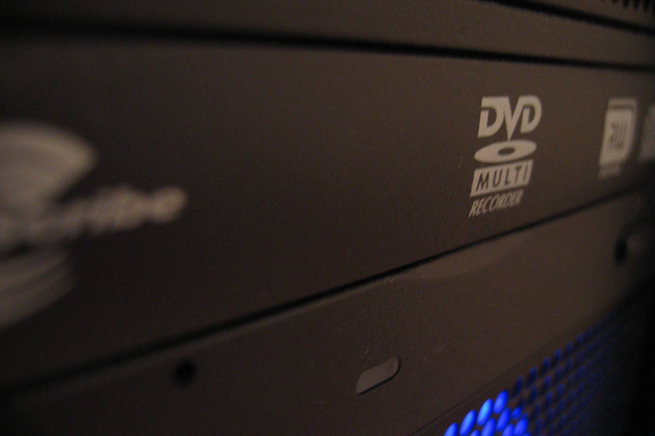 A DVD drive in a PC cabinet.