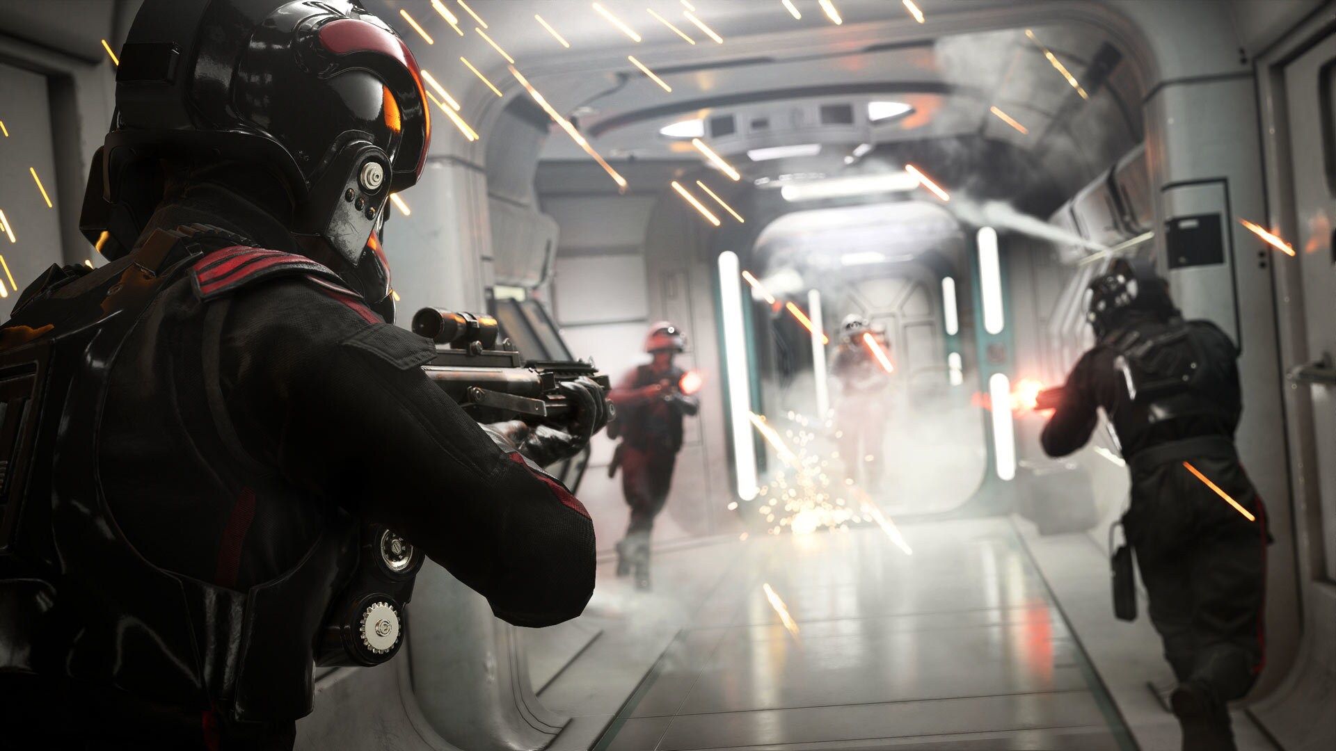 A shot of Imperial forces battling the Rebels within a hallway in Star Wars Battlefront 2