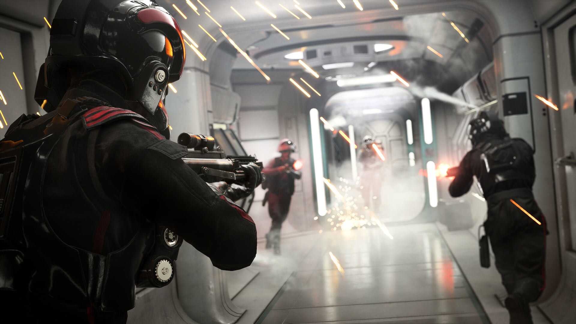 A shot of Imperial forces battling the Rebels within a hallway in Star Wars Battlefront 2