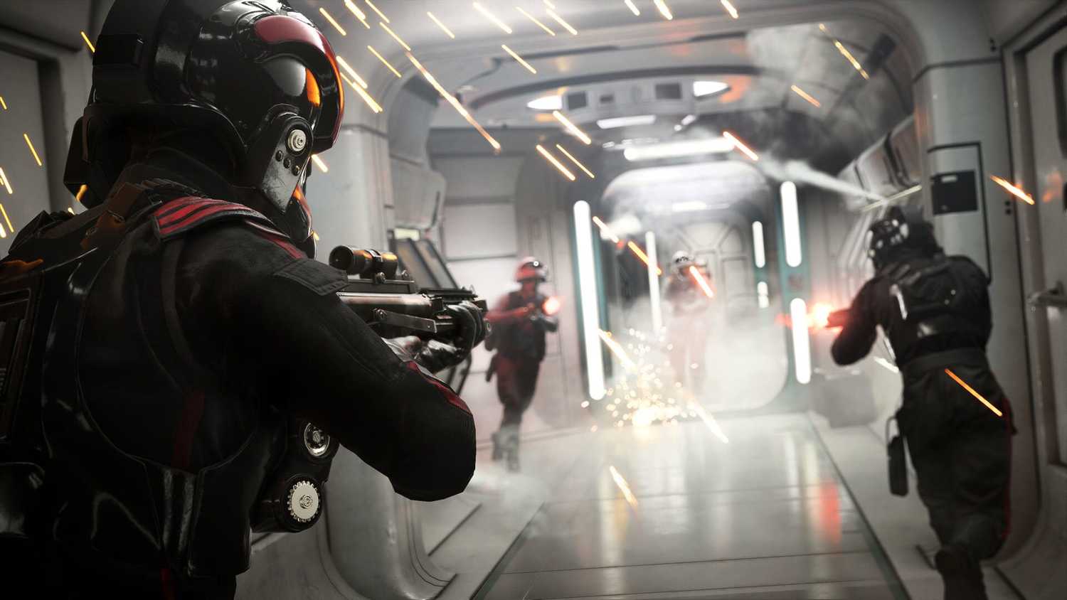 A shot of Imperial forces battling the Rebels within a hallway in Star Wars Battlefront 2
