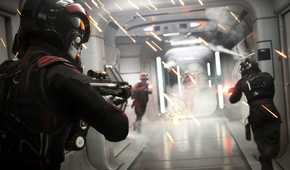 A shot of Imperial forces battling the Rebels within a hallway in Star Wars Battlefront 2