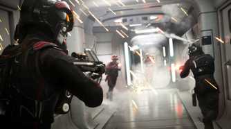 A shot of Imperial forces battling the Rebels within a hallway in Star Wars Battlefront 2