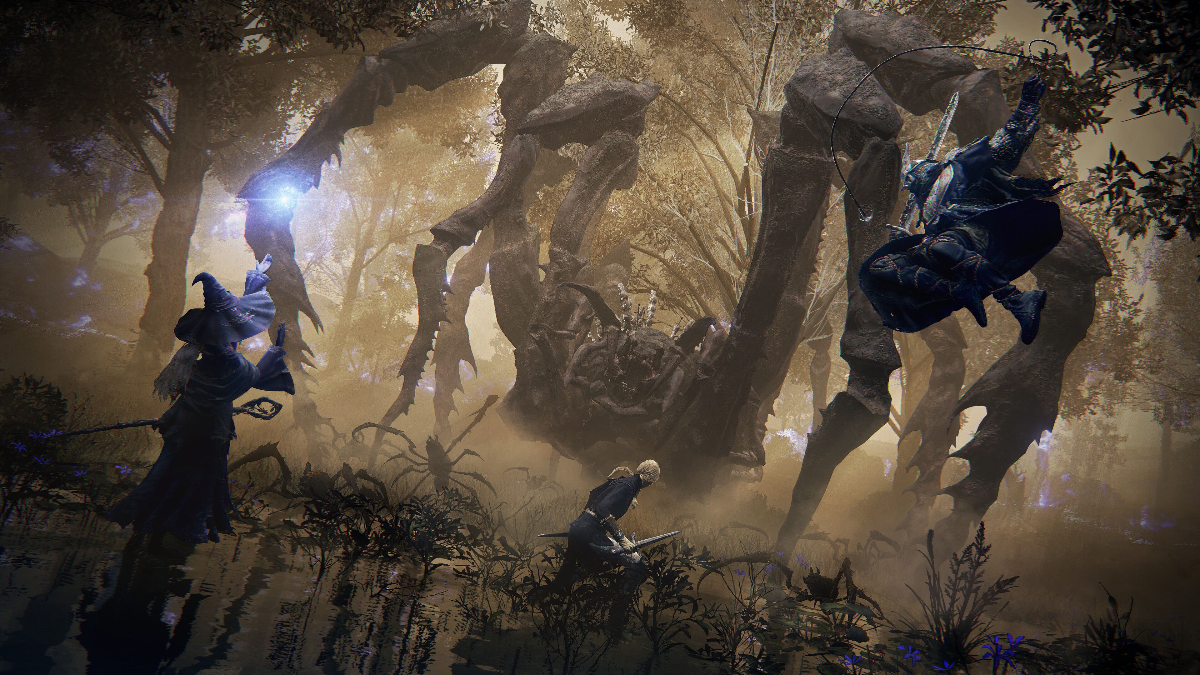 Three players fighting a huge arachnic in a bog in Elden Ring Nightreign.