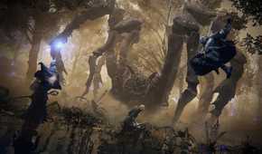 Three players fighting a huge arachnic in a bog in Elden Ring Nightreign.