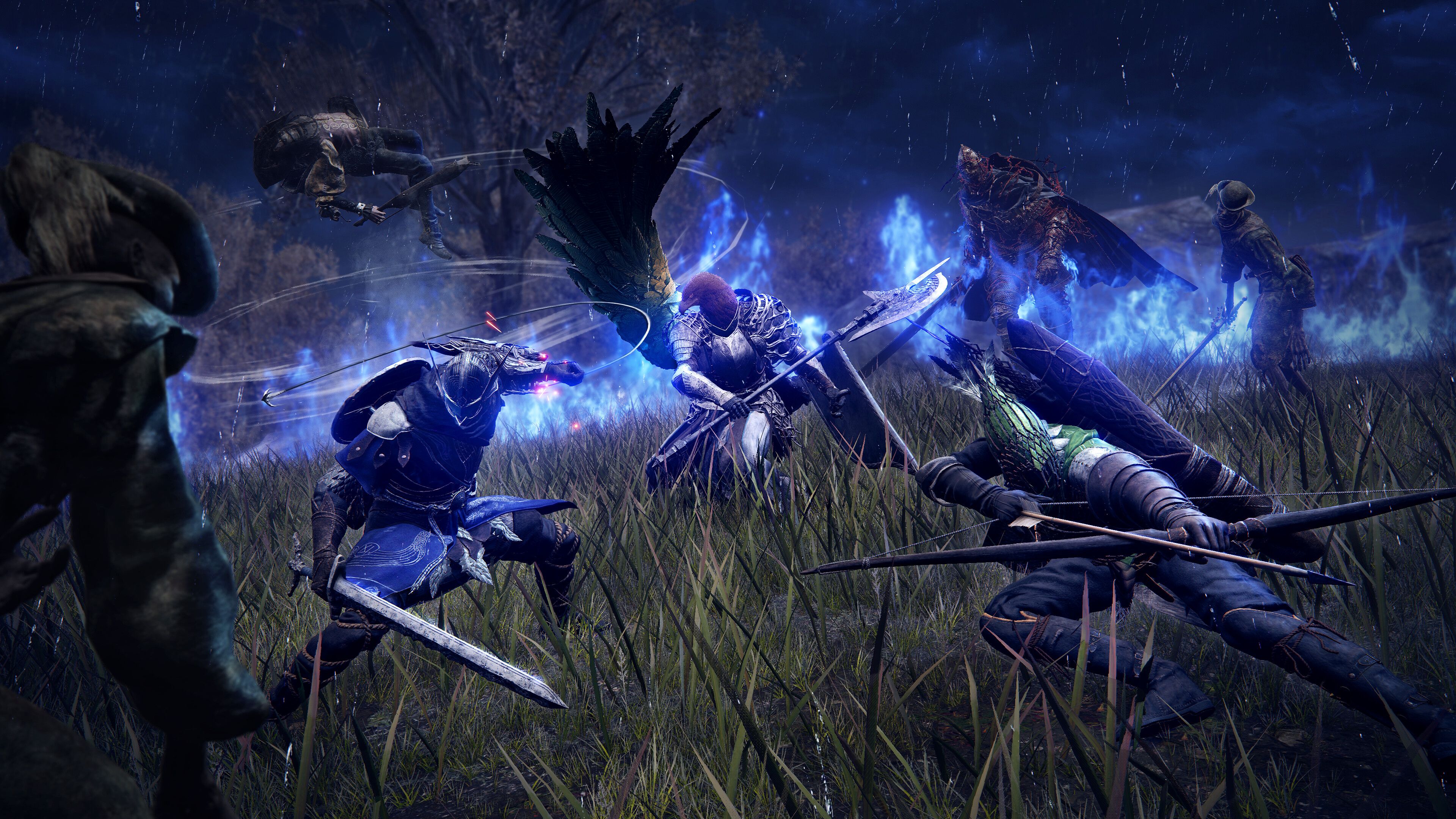 Three players fighting while the ring of fire closes in on them in in Elden Ring Nightreign.