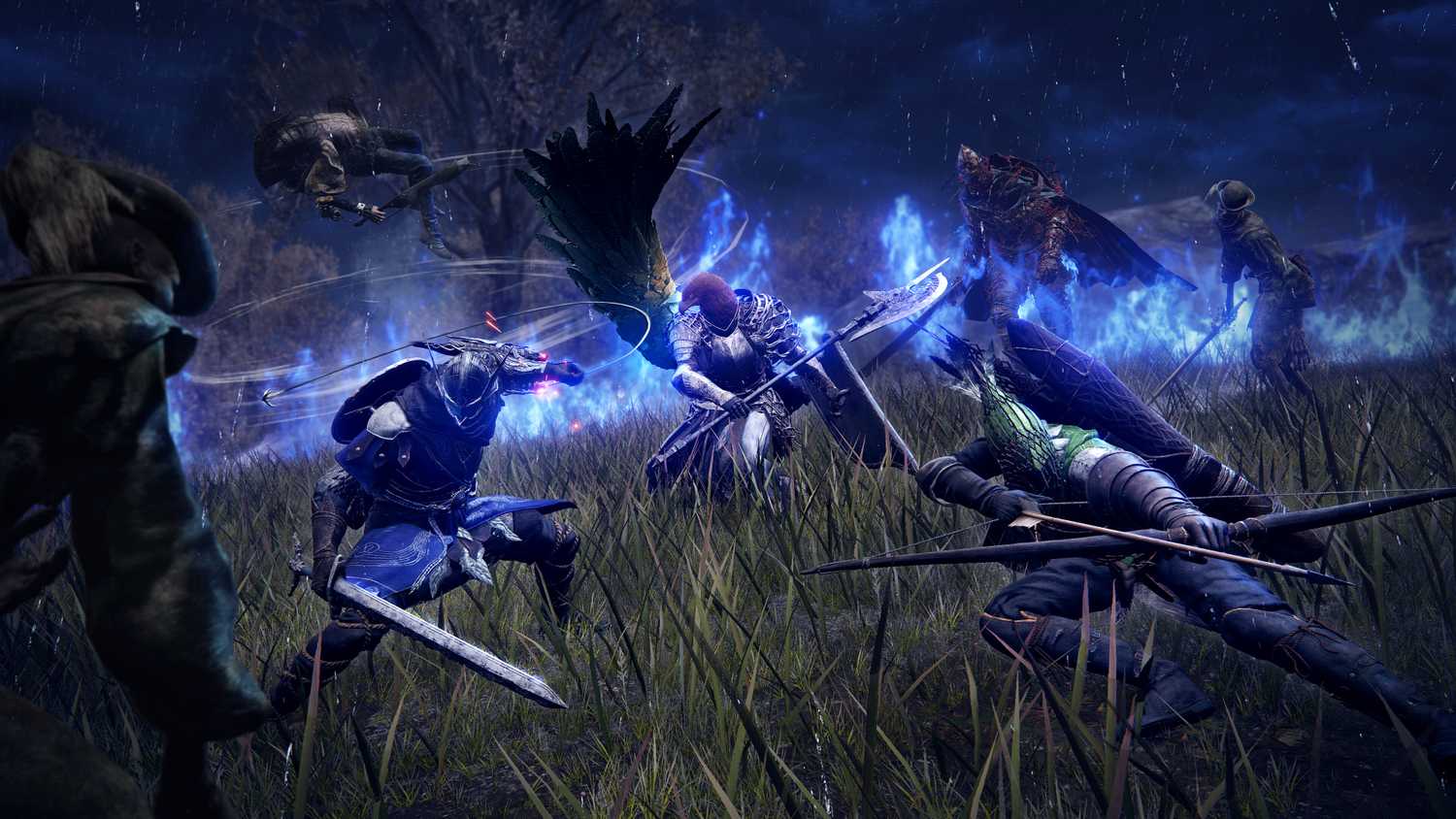 Three players fighting while the ring of fire closes in on them in in Elden Ring Nightreign.
