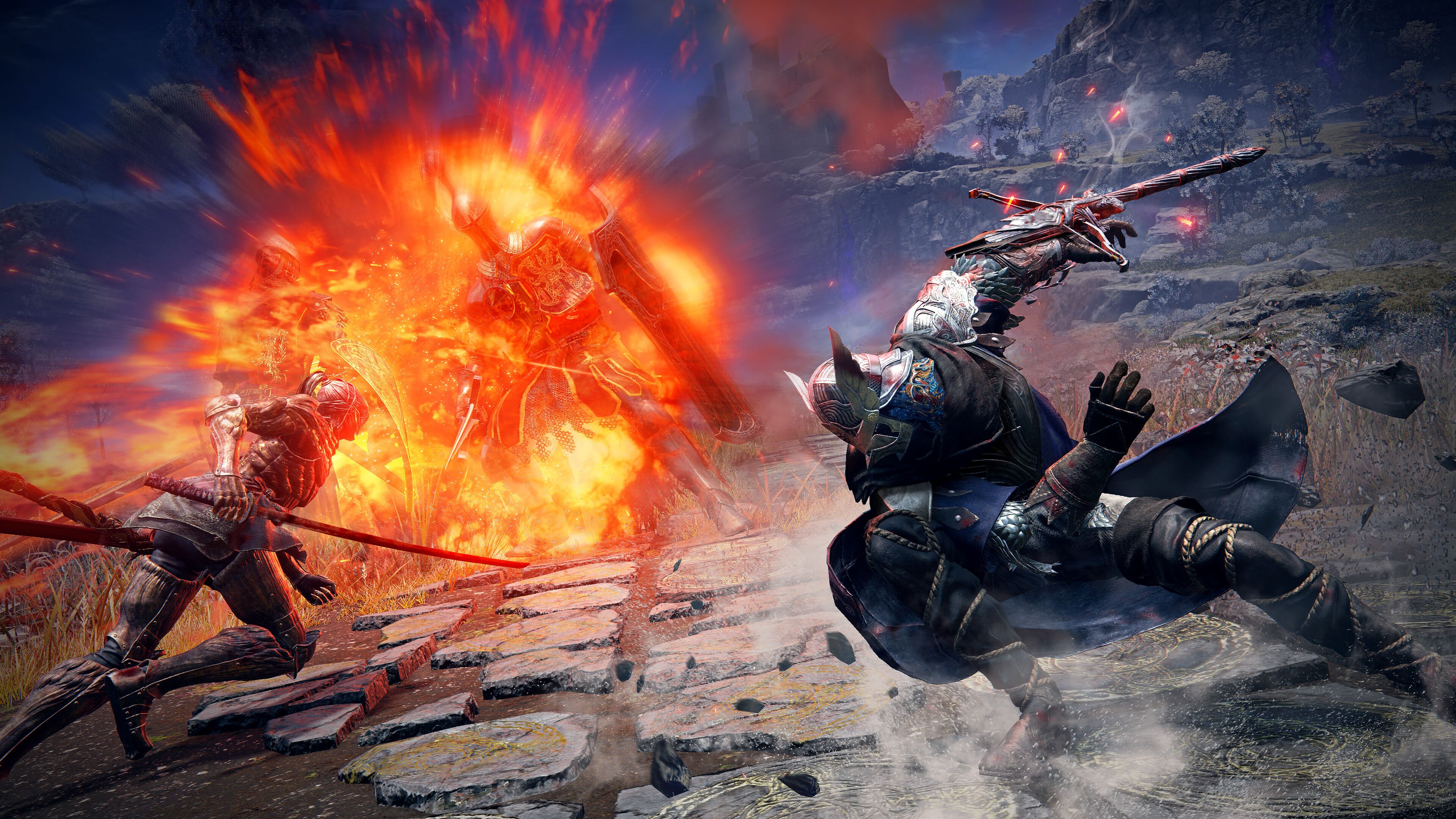 Two players fighting a Godrick Knight in Elden Ring Nightreign.