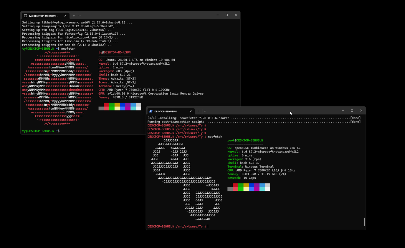 A screenshot of neofetch on a couple of WSL instances
