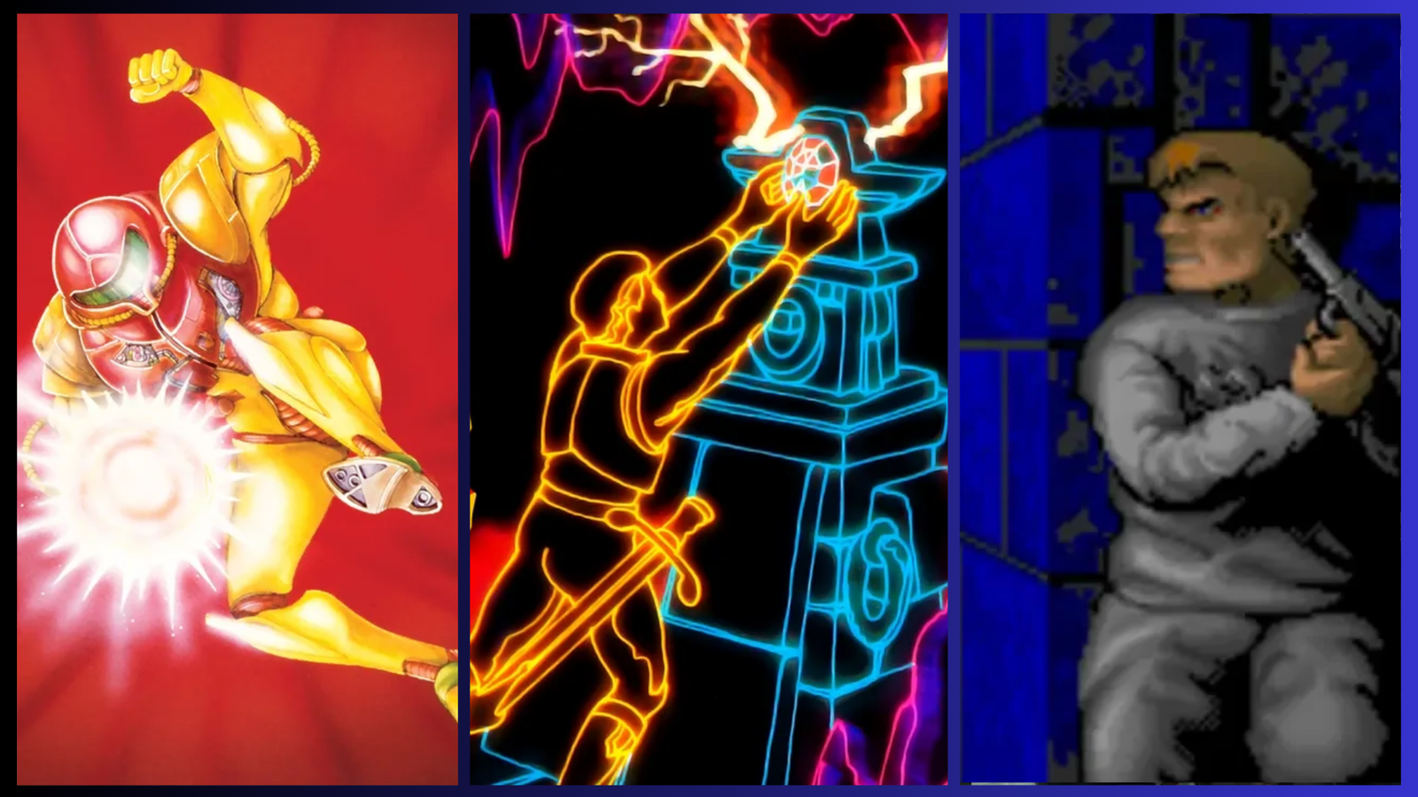 A artwork collage of Metroid, Rogue, and Wolfenstein