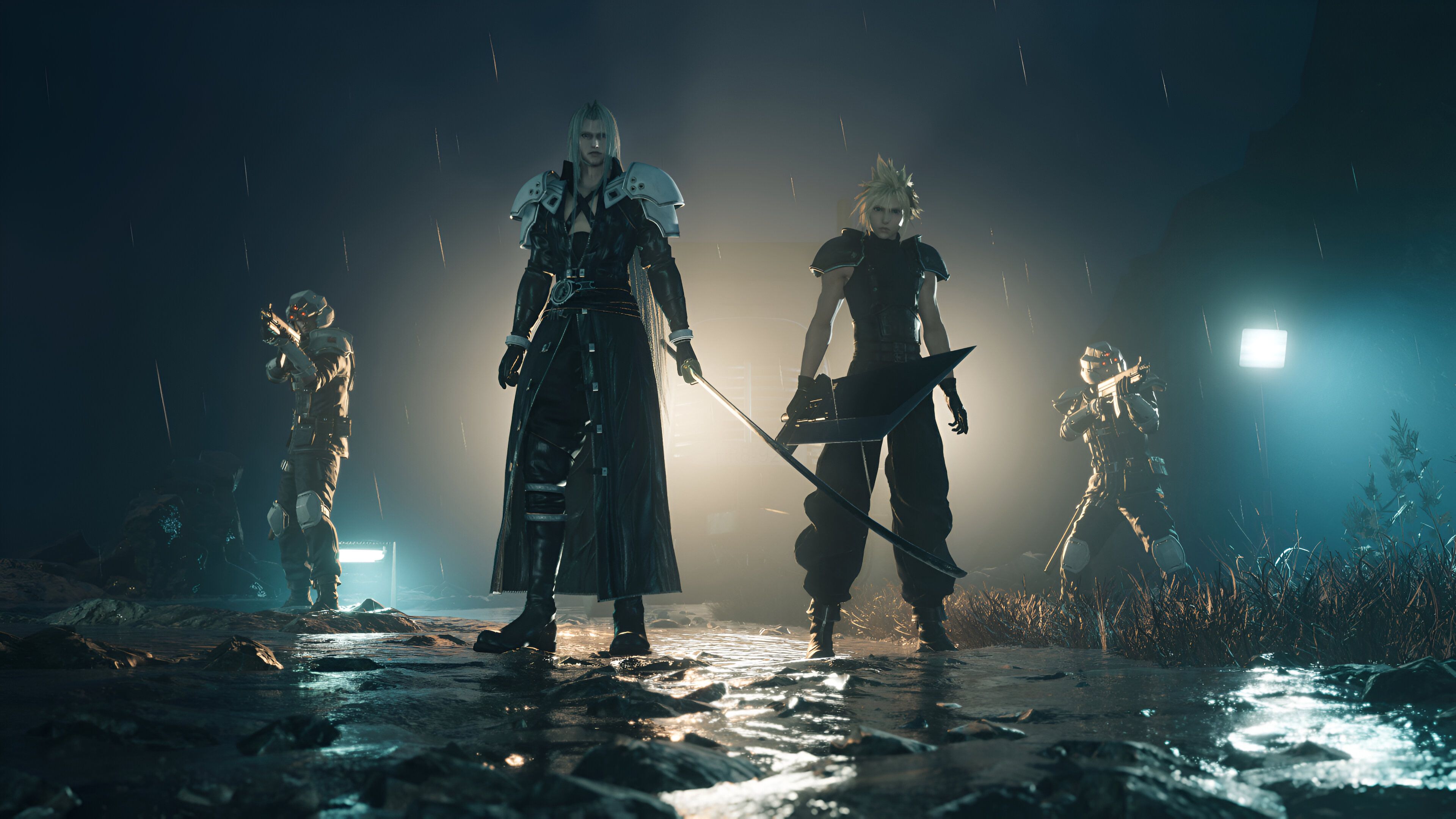 Cloud nad Sephiroth in the rain in Final Fantasy VII Rebirth.