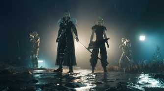 Cloud nad Sephiroth in the rain in Final Fantasy VII Rebirth.