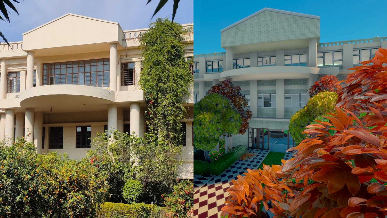 Side-by-side comparison of a real building and its recreation in Fortnite.