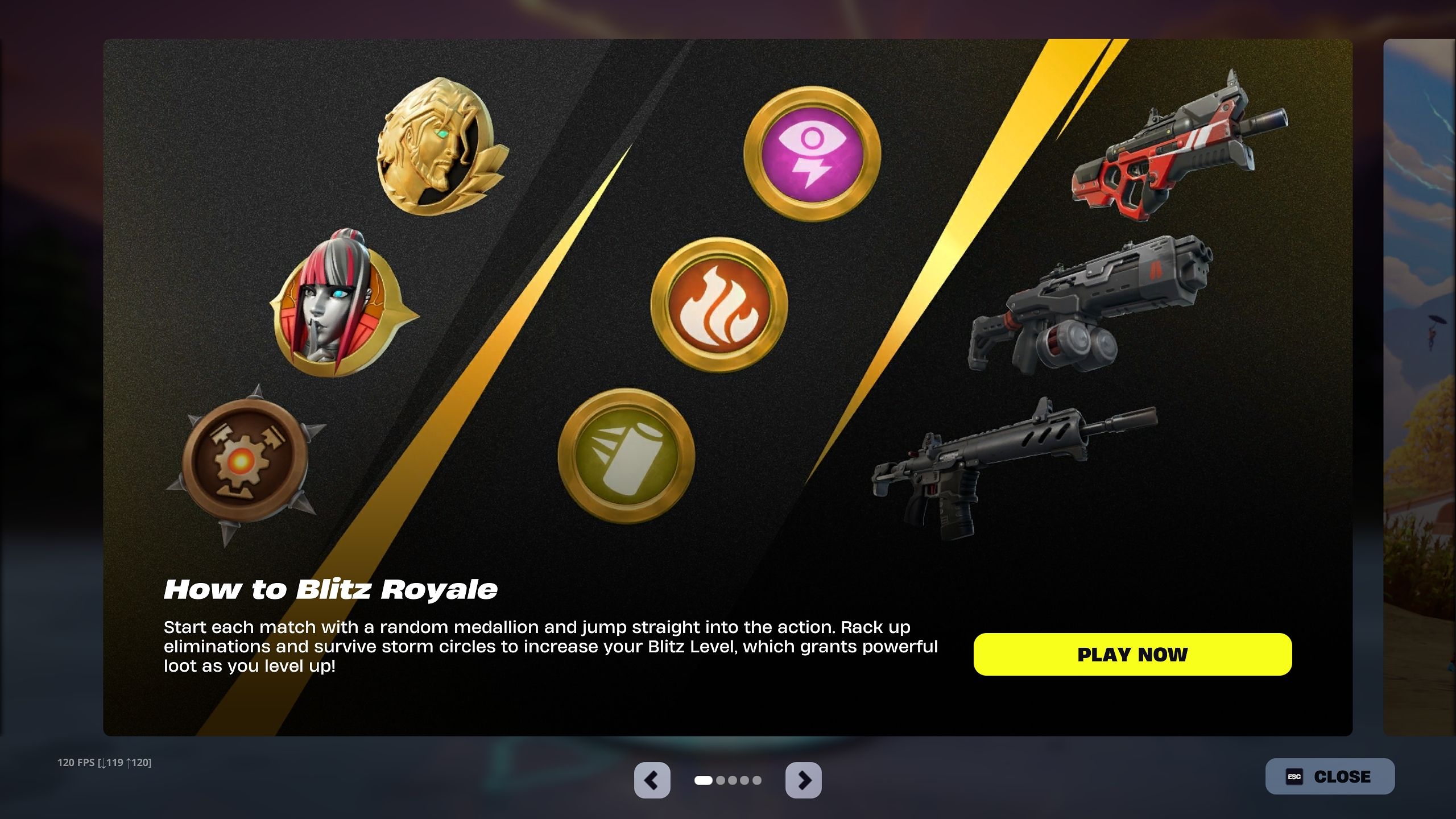 Medallions, boons, and weapons in the Blitz Royale mode in Fortnite.