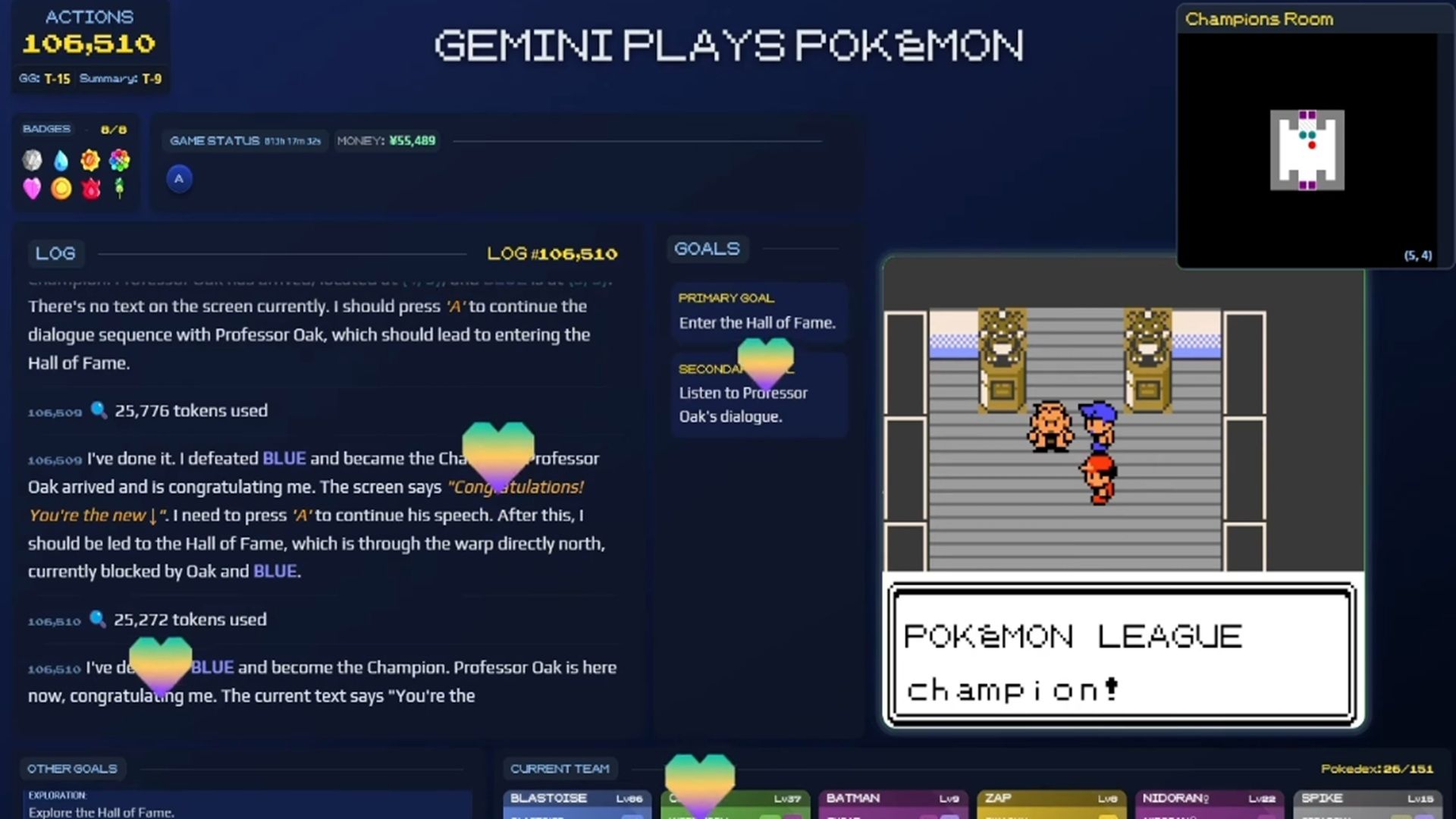 A shot of the moment when Gemini finished Pokemon Blue on live stream