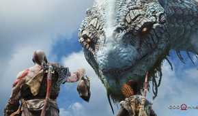 Kratos holding up Mimir's head to Jormungandr in 2018's God of War.