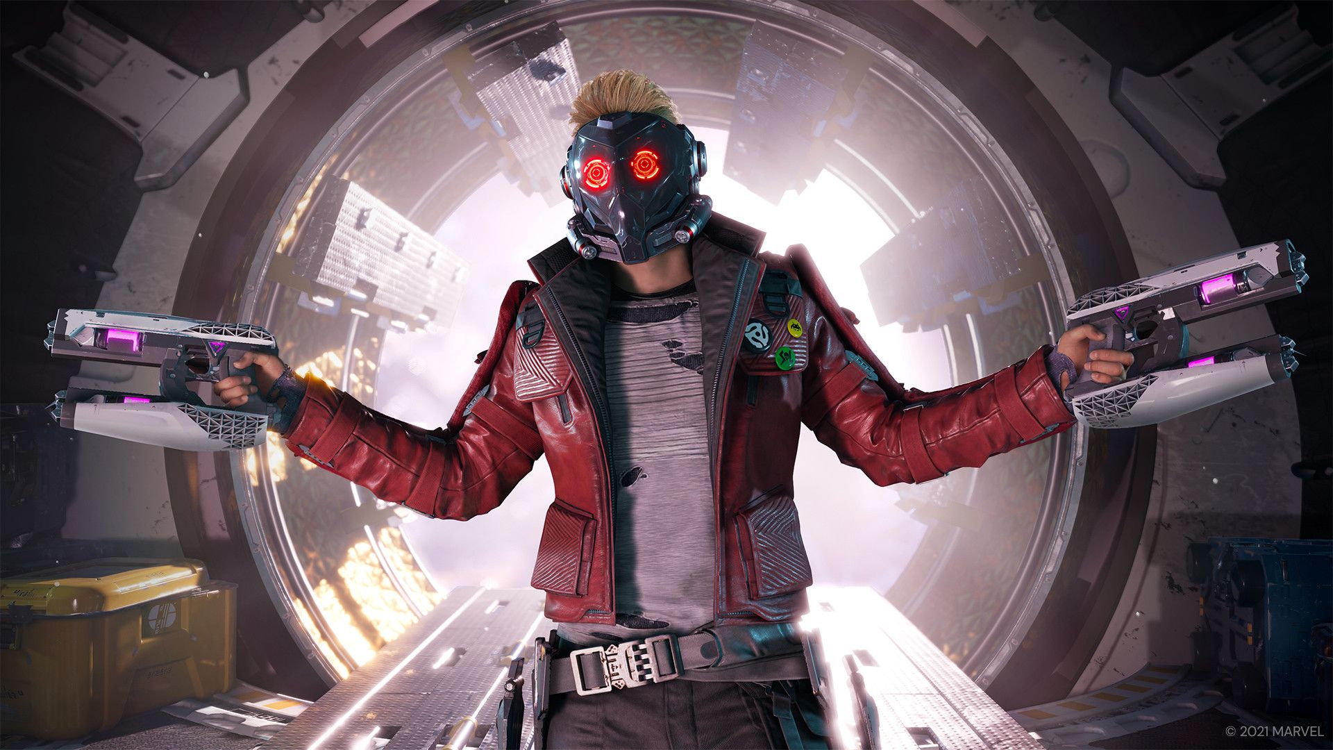 Marvel's GOTG game Starlord shrugging with his mask on