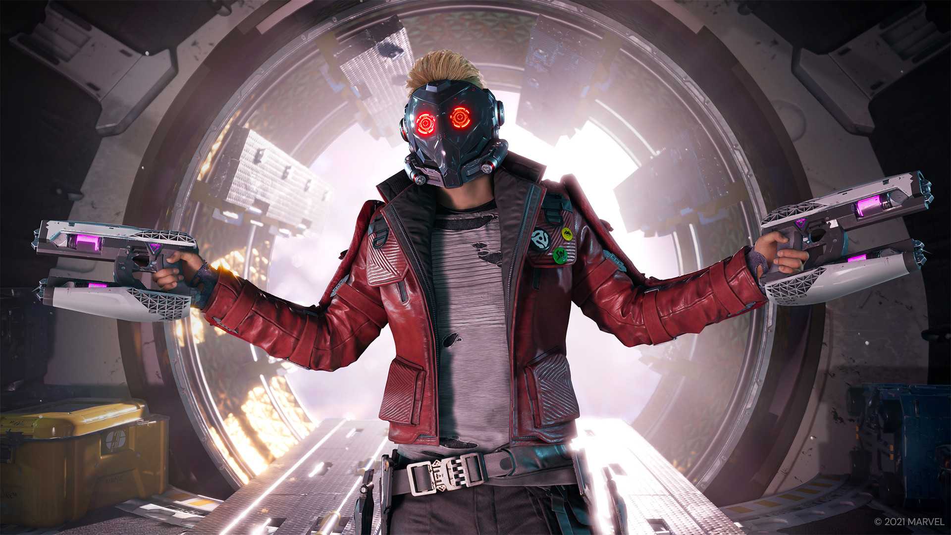 Marvel's GOTG game Starlord shrugging with his mask on