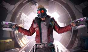 Marvel's GOTG game Starlord shrugging with his mask on
