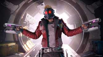 Marvel's GOTG game Starlord shrugging with his mask on