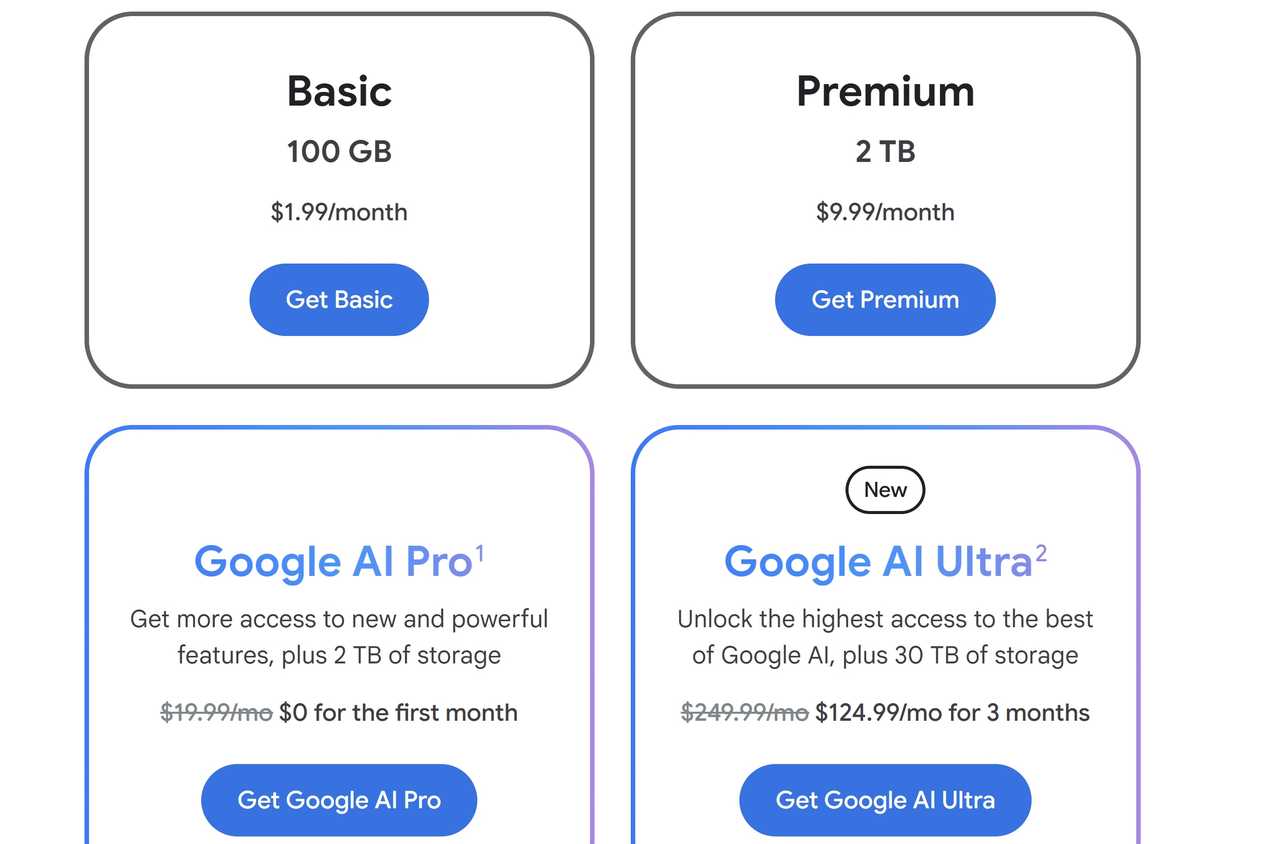 Google One pricing tiers