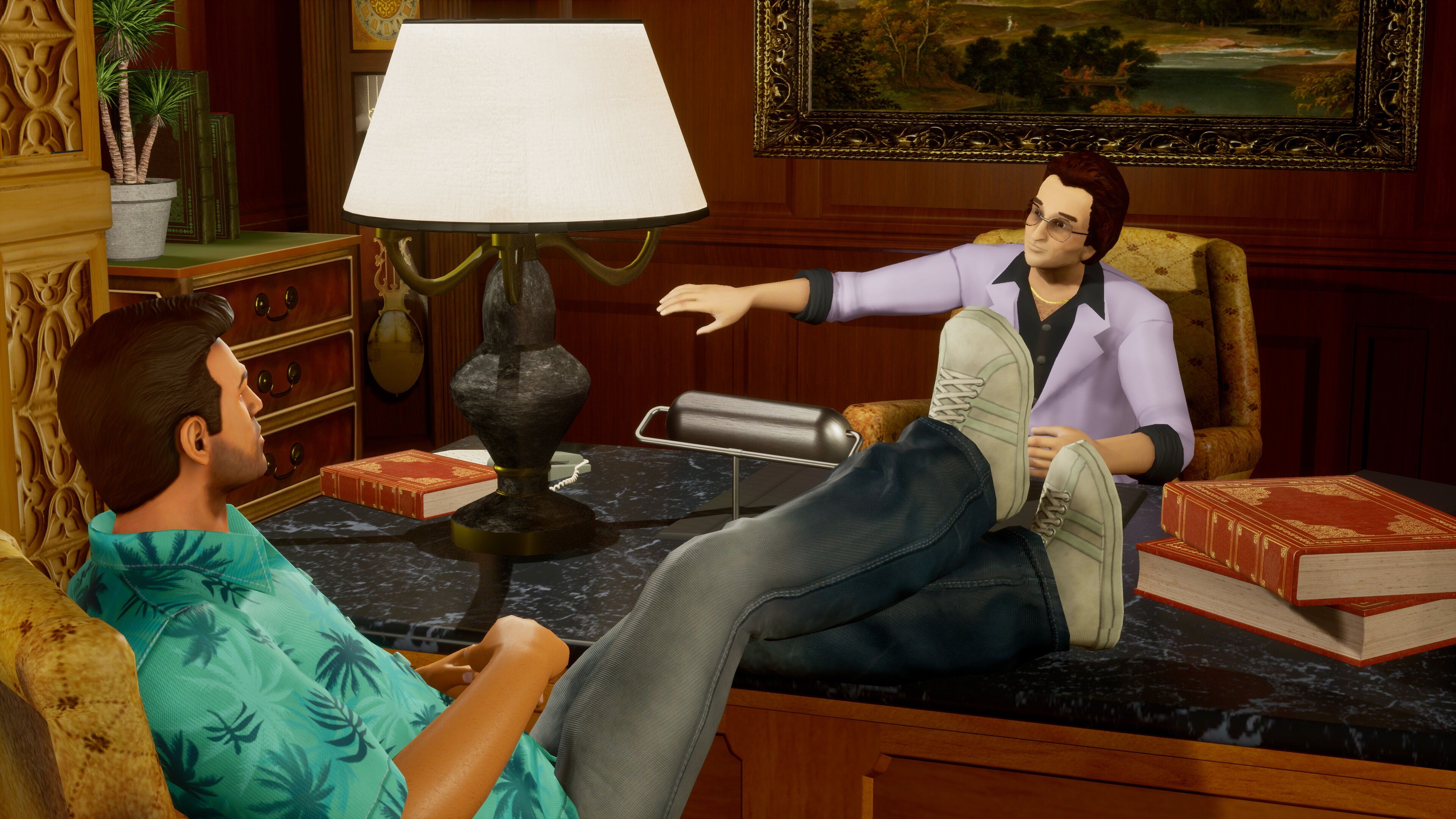A screenshot from the game "GTA Vice City: Definitive Edition", showing Ken Rosenberg and Tommy Vercetti.