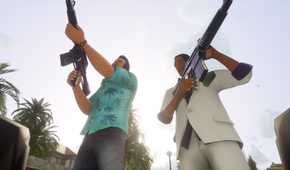 A screenshot from the game "GTA Vice City: Definitive Edition", showing Tommy and Lance.