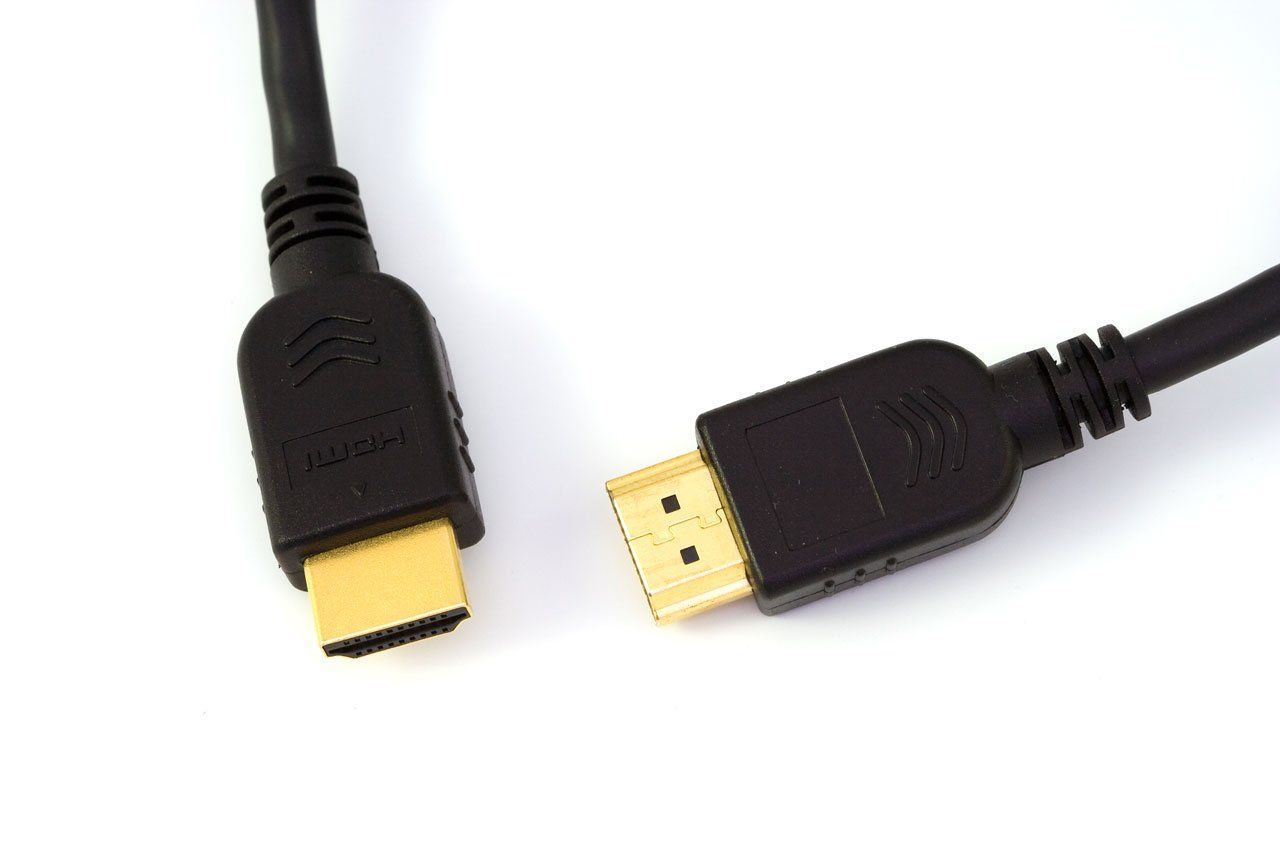 An HDMI cable showing two gold-plated male connectors