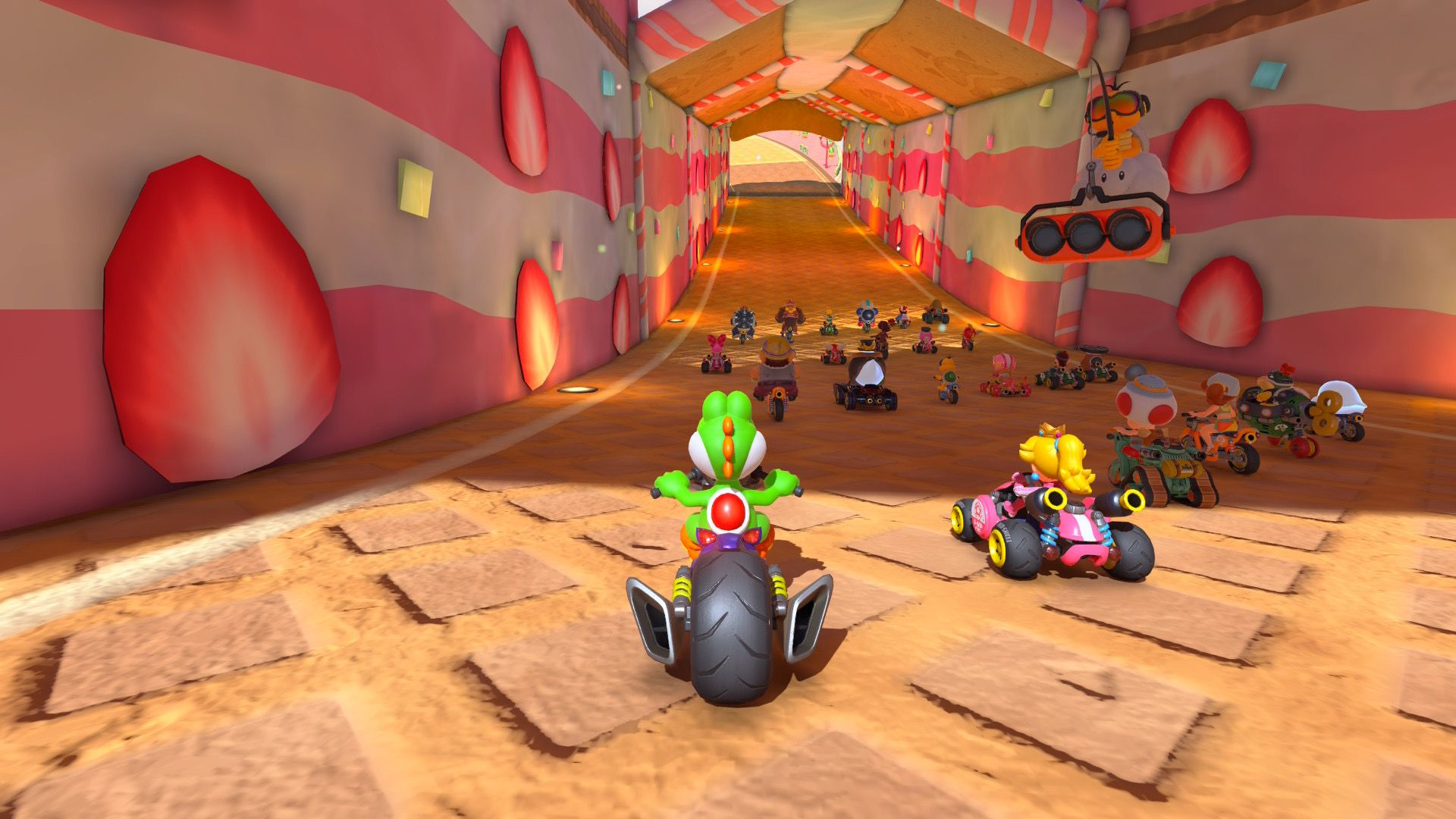 Mario Kart World Yoshi on his motorcycle