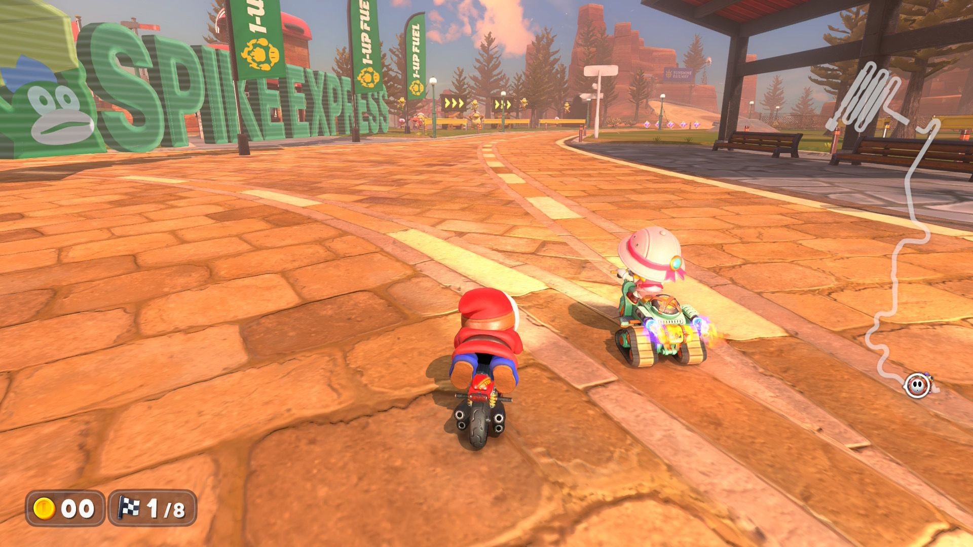Mario Kart World Shy Guy and Baby Peach neck and neck