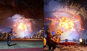 Cody and May looking at an explosion in It Takes Two.