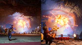 Cody and May looking at an explosion in It Takes Two.