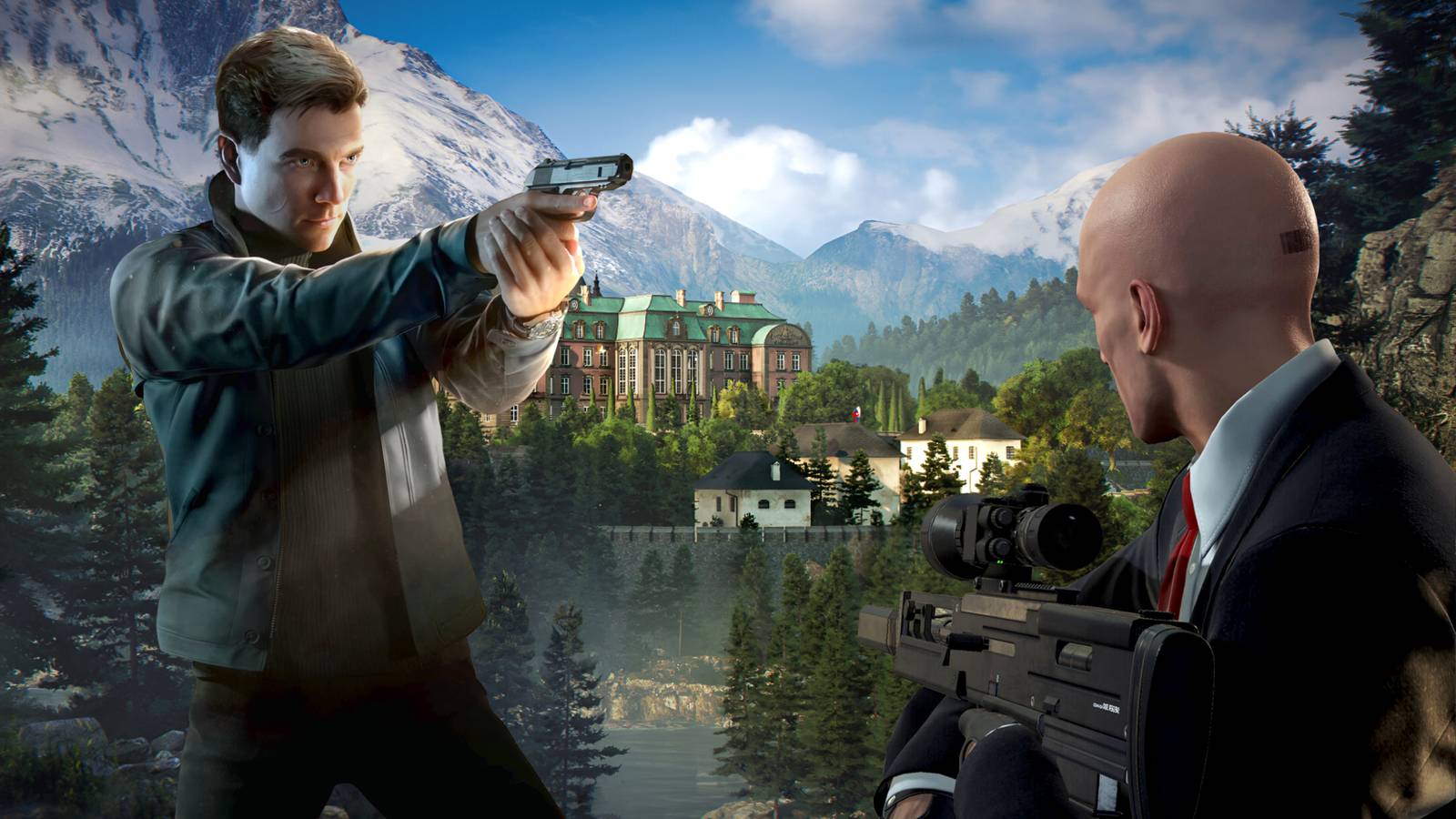 An image of James Bond and Agent 47 against a grassy, sunny, background.