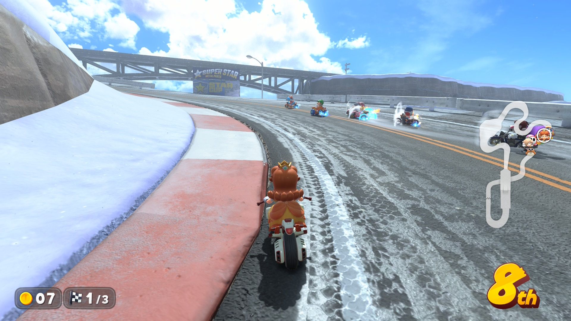 Mario Kart World Diasy on a snowy road