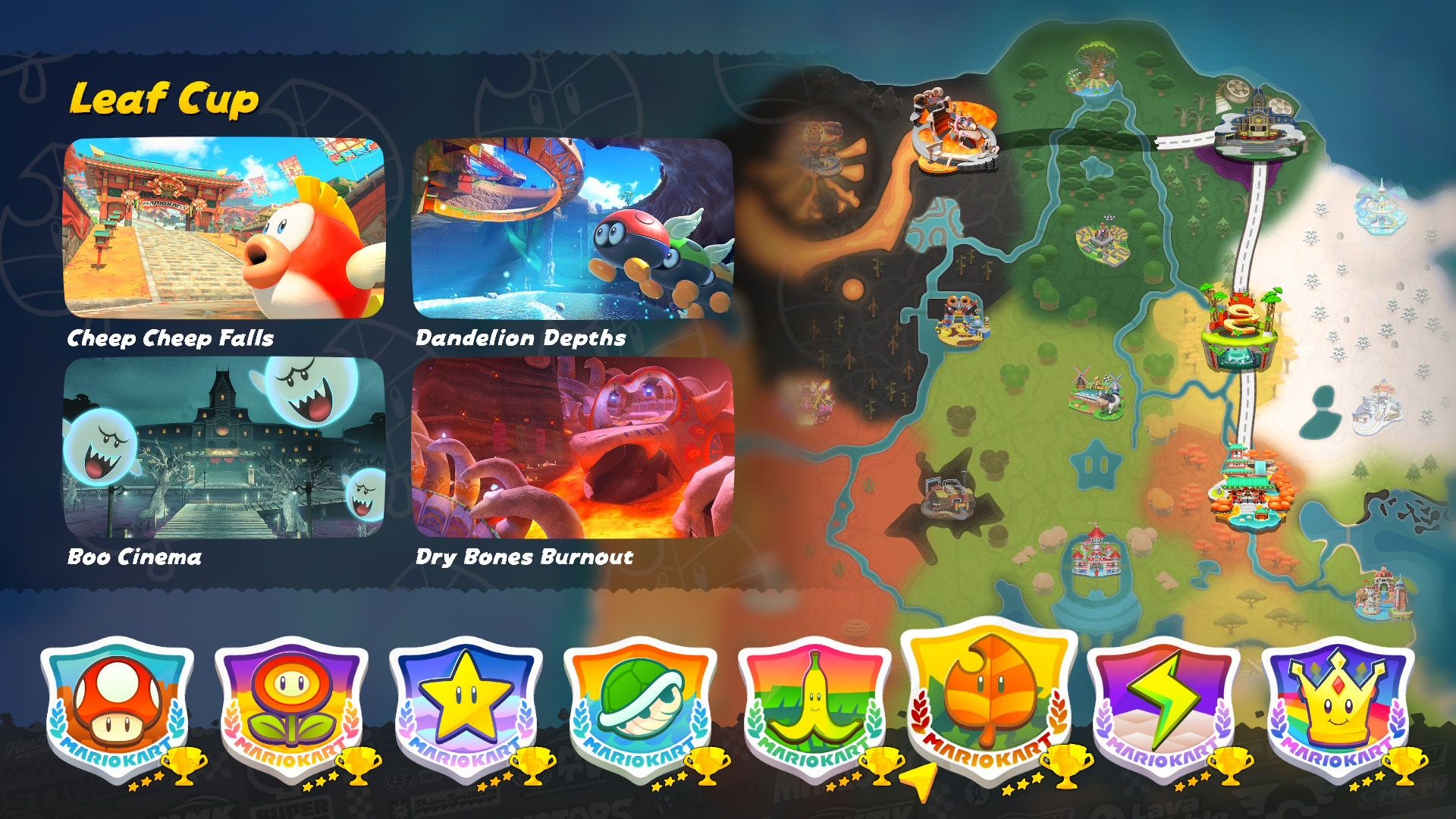 Mario Kart World Leaf Cup selection screen