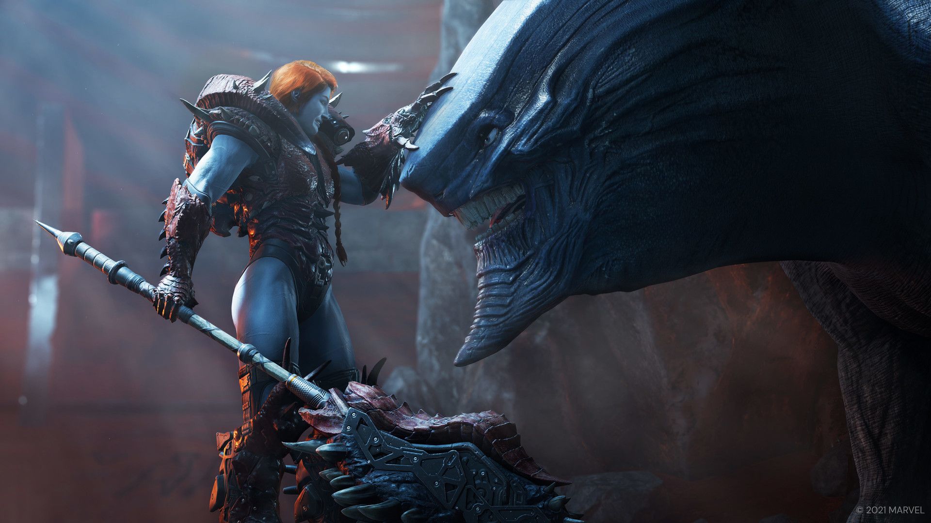 Marvel's GOTG a buff blue lady petting a large creature