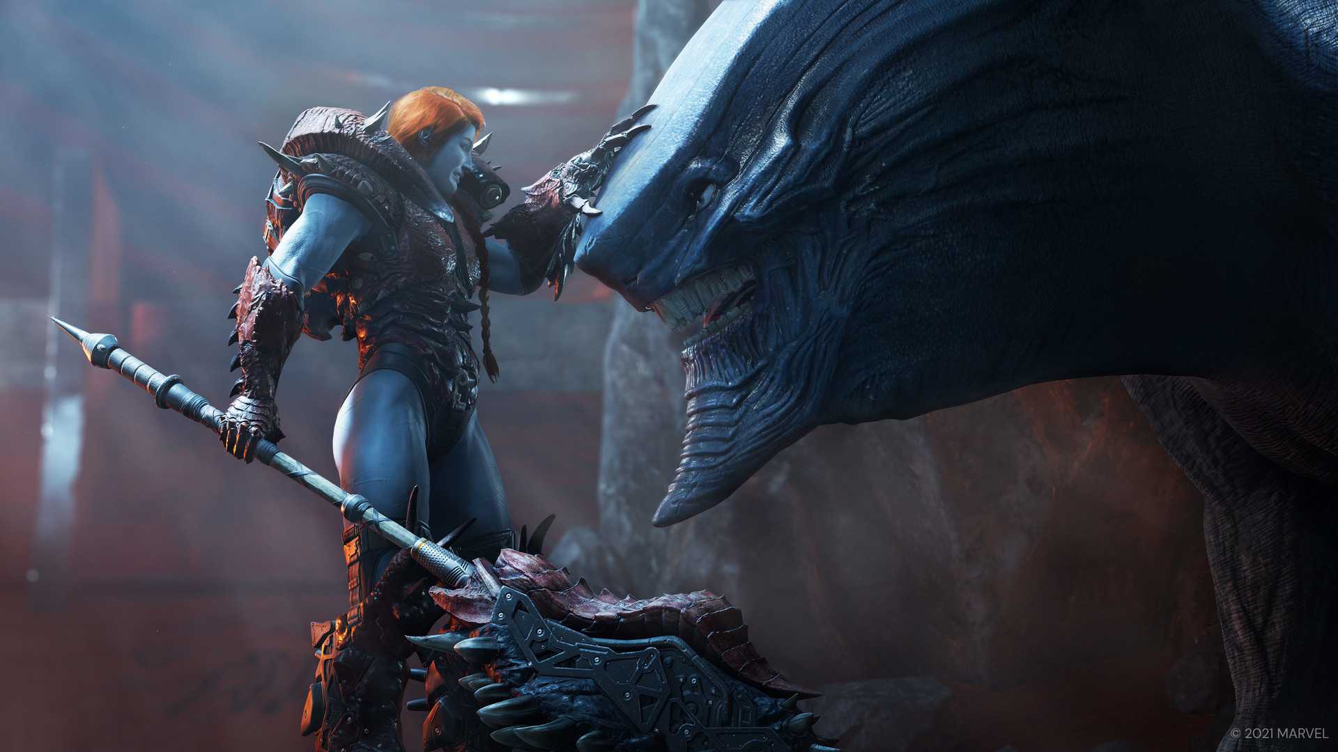 Marvel's GOTG a buff blue lady petting a large creature