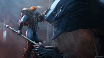 Marvel's GOTG a buff blue lady petting a large creature