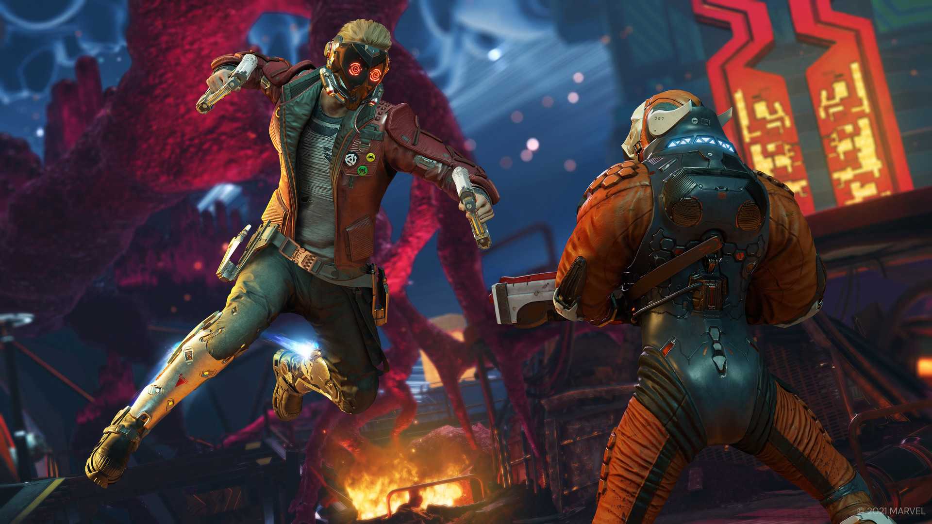 marvel's GOTG Starlord jumping and punching a dude