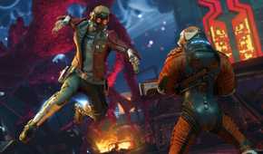 marvel's GOTG Starlord jumping and punching a dude