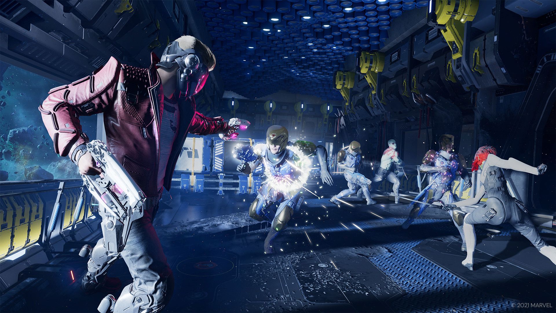 marvel's GOTG starlord shooting at dudes in a hallway