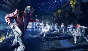 marvel's GOTG starlord shooting at dudes in a hallway