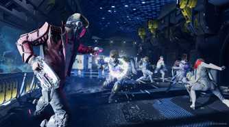 marvel's GOTG starlord shooting at dudes in a hallway