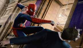 Spider-Man punching a bank robber in 2018's Spider-Man game by Insomniac.